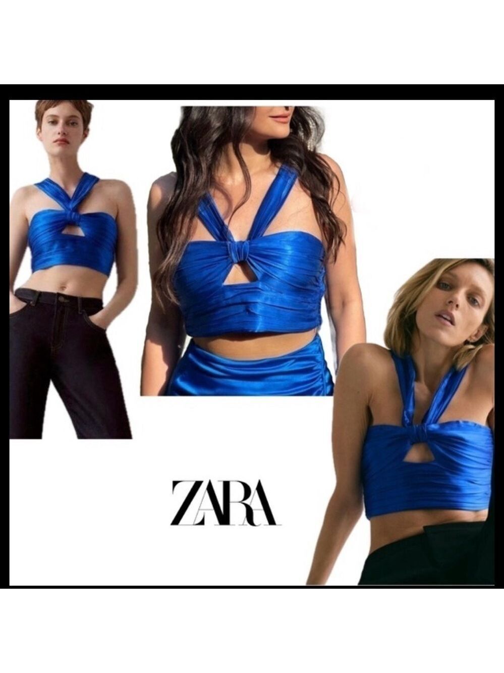 Zara Royal cobalt blue satin effect ruched cut out front knot halter crop top S